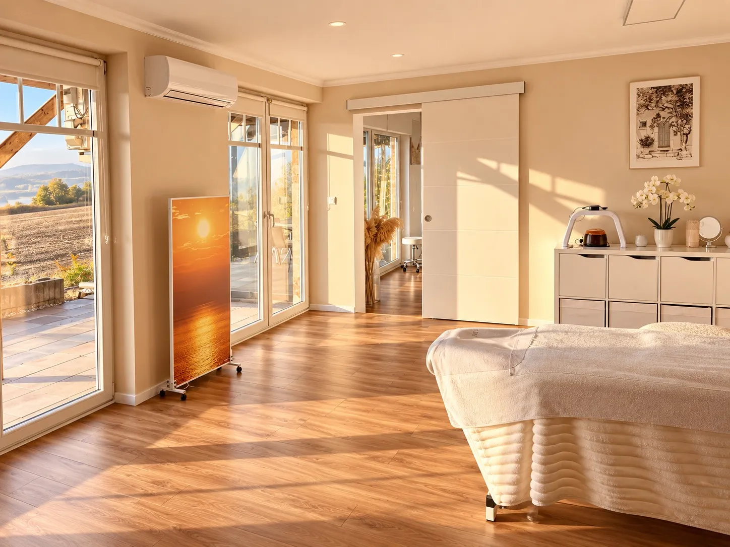 Behandlungsliege am Fenster mit Blick über die Felder
